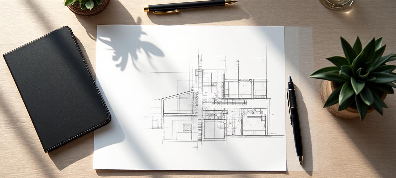 Meja kerja desainer interior yang rapi dan terorganisir melambangkan manajemen data yang aman